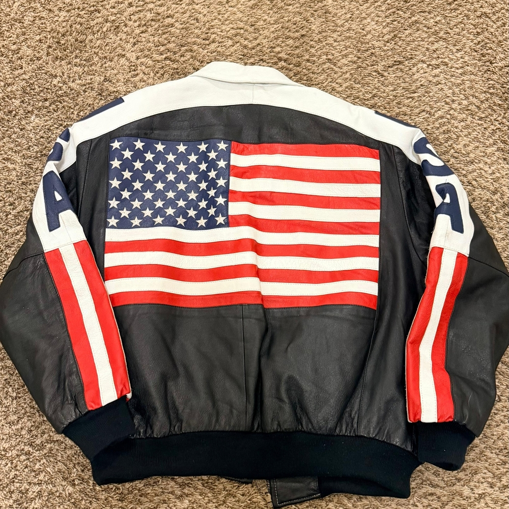 Michael Hoban Black Leather Bomber Jacket with American Flag Panel